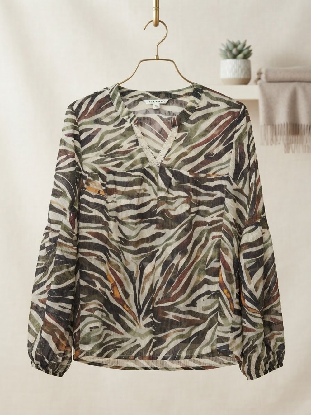Zac & Rachel Sheer Zebra-Print V-Neck Blouse in Olive, Black & Brown